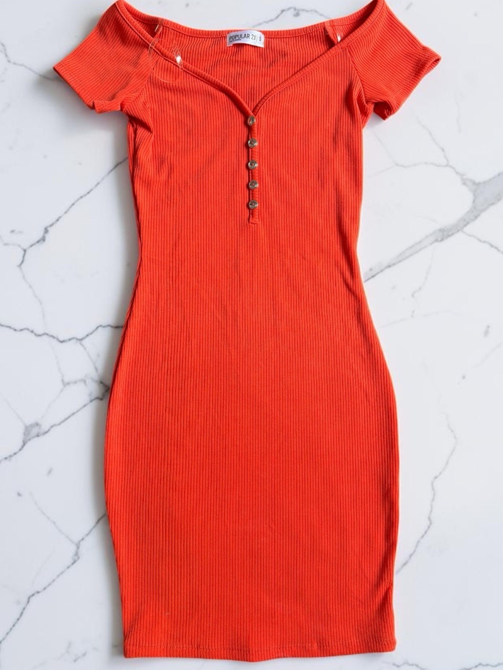 Off-Shoulder Ribbed Mini Dress in Orange with Button Front